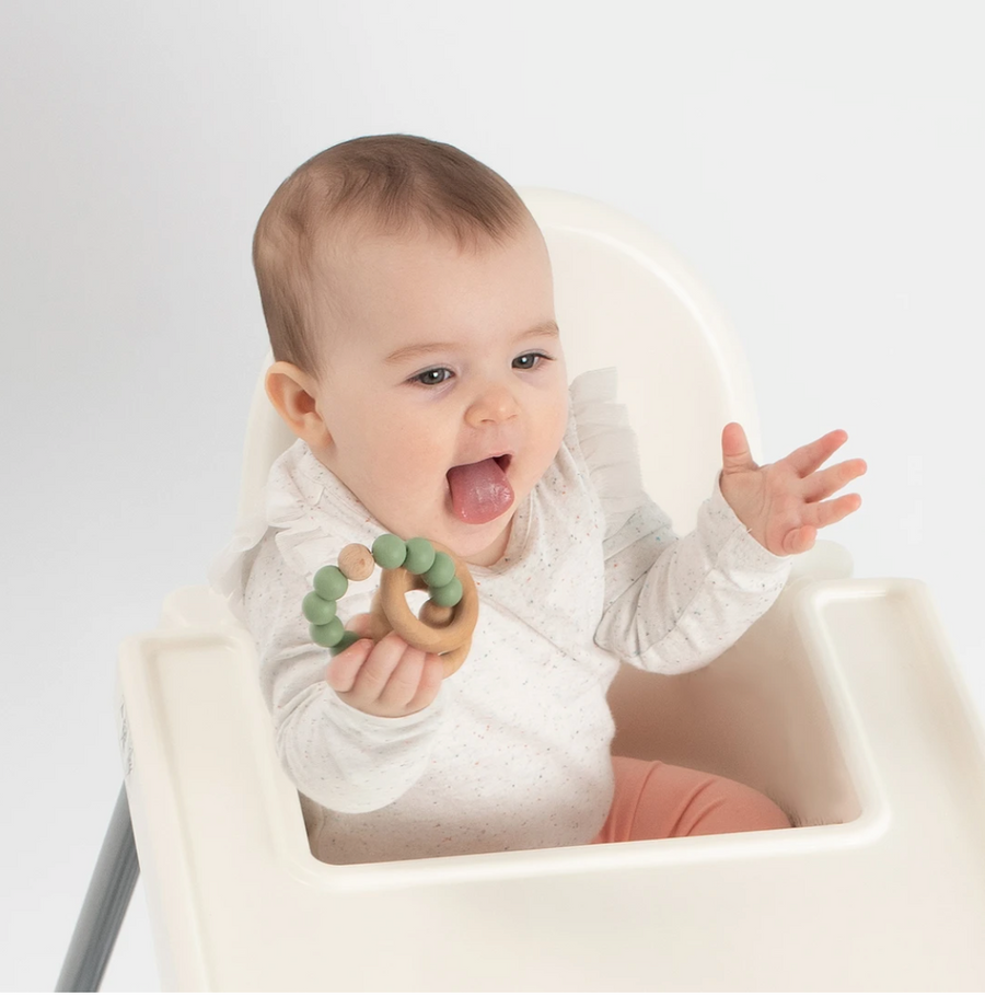 Pink Silicone + Wood Teething Rings